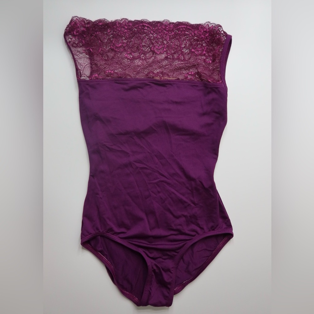 Purple Plum colored ballet leotard with lace details from Suffolk Dancewear
